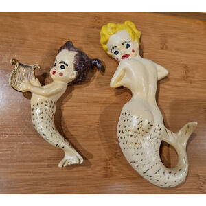 Vintage MCM Mermaid & Baby 1960s Ceramic Chalkware Beach Fantasy Wall Hangings